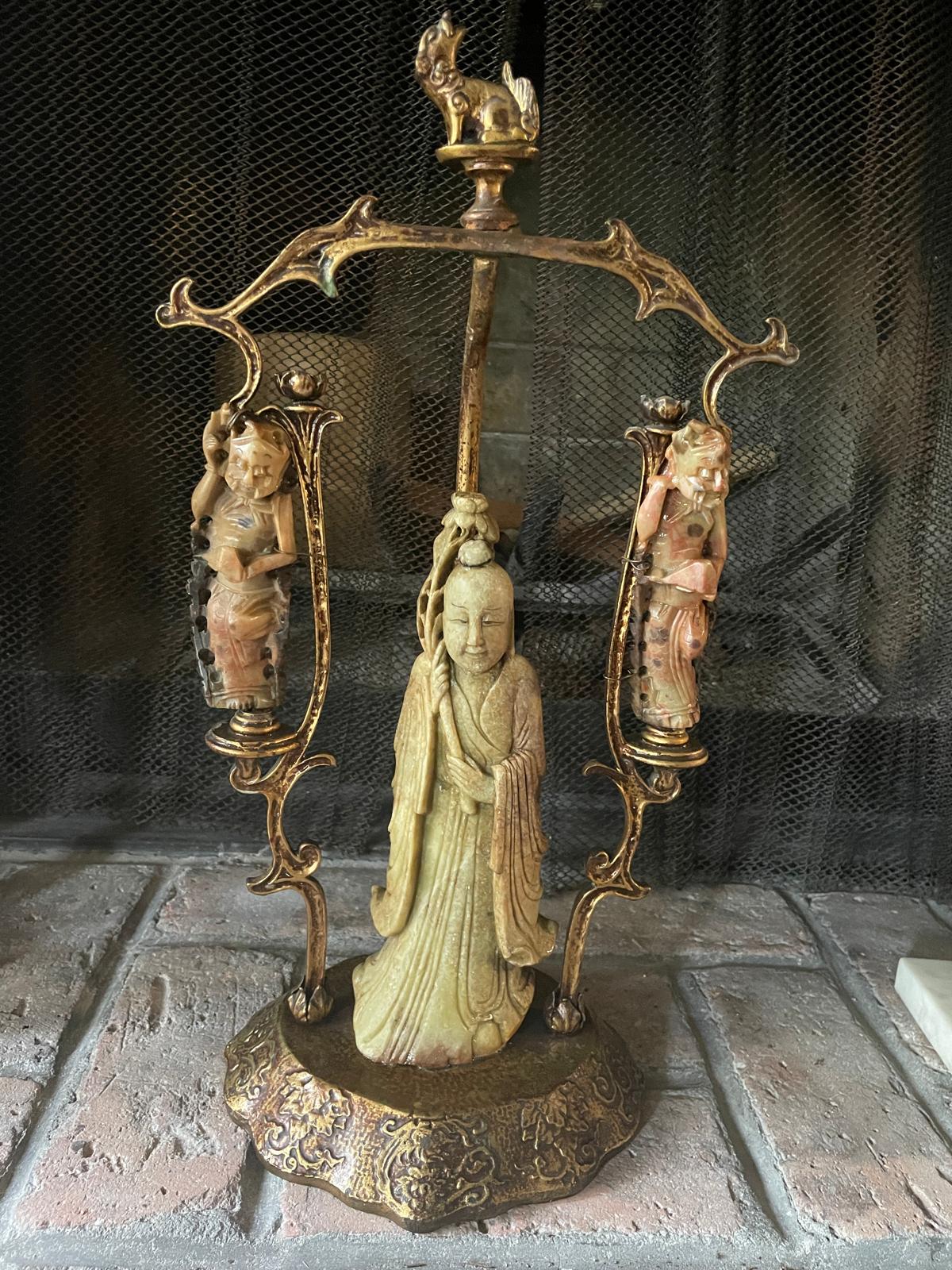 Vintage Asian Incense Burner Carved Soapstone Figures Gilt Brass Stand Mythical Beast Top Ornate Detailing Unique Home Decor Statue Art