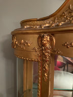 Victorian Wood Gilded Glass Display Cabinet Curved Glass Antique Showcase Shelves Gold Trimmed Curio Cherub Home Decor Elegant Accent Piece