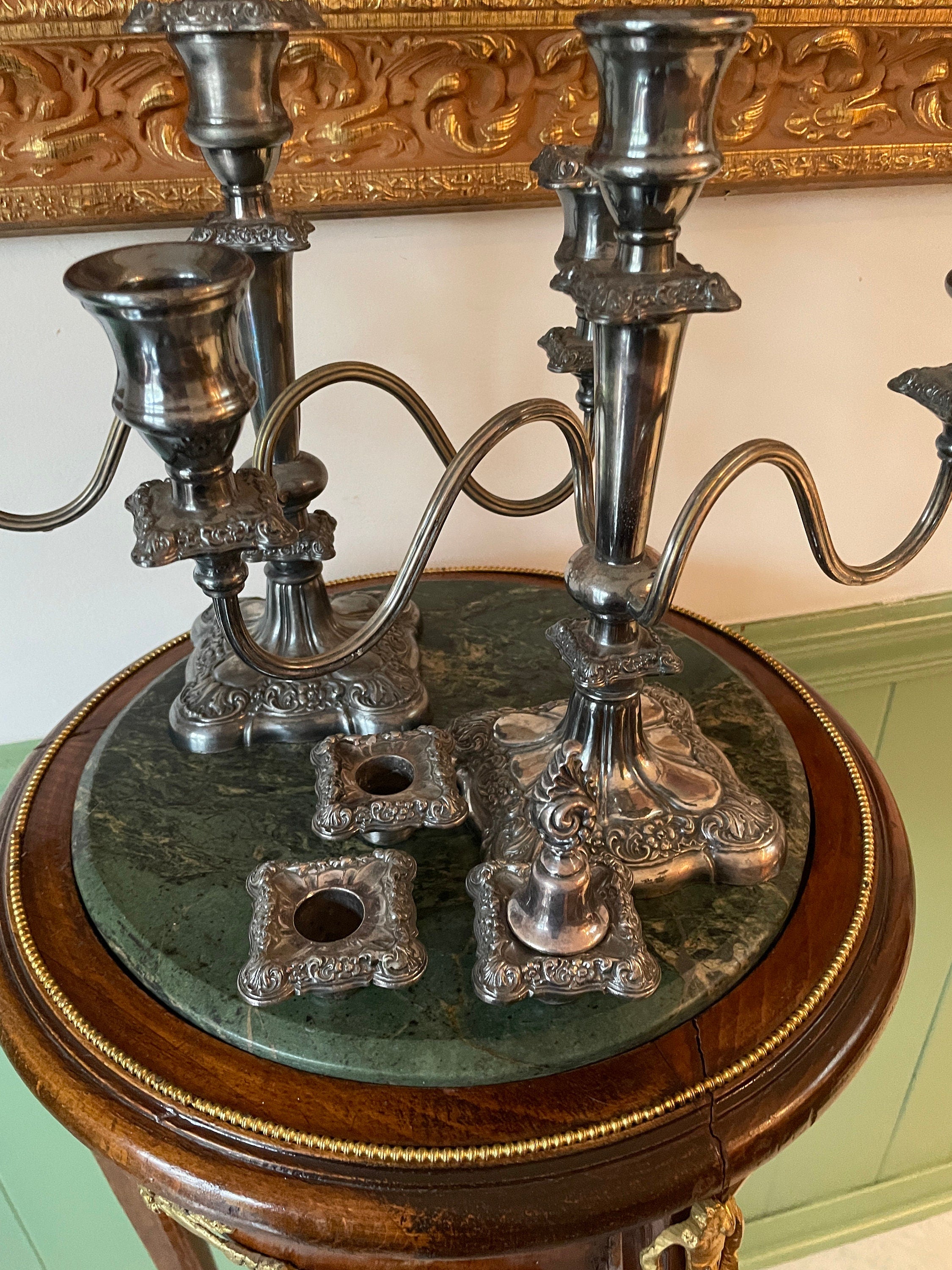 Antique Pair Silver Candelabra Five Arm Baroque Candle Holders Ornate Heavy Metal Candle Stand Classical Decoration Mantel Table Display