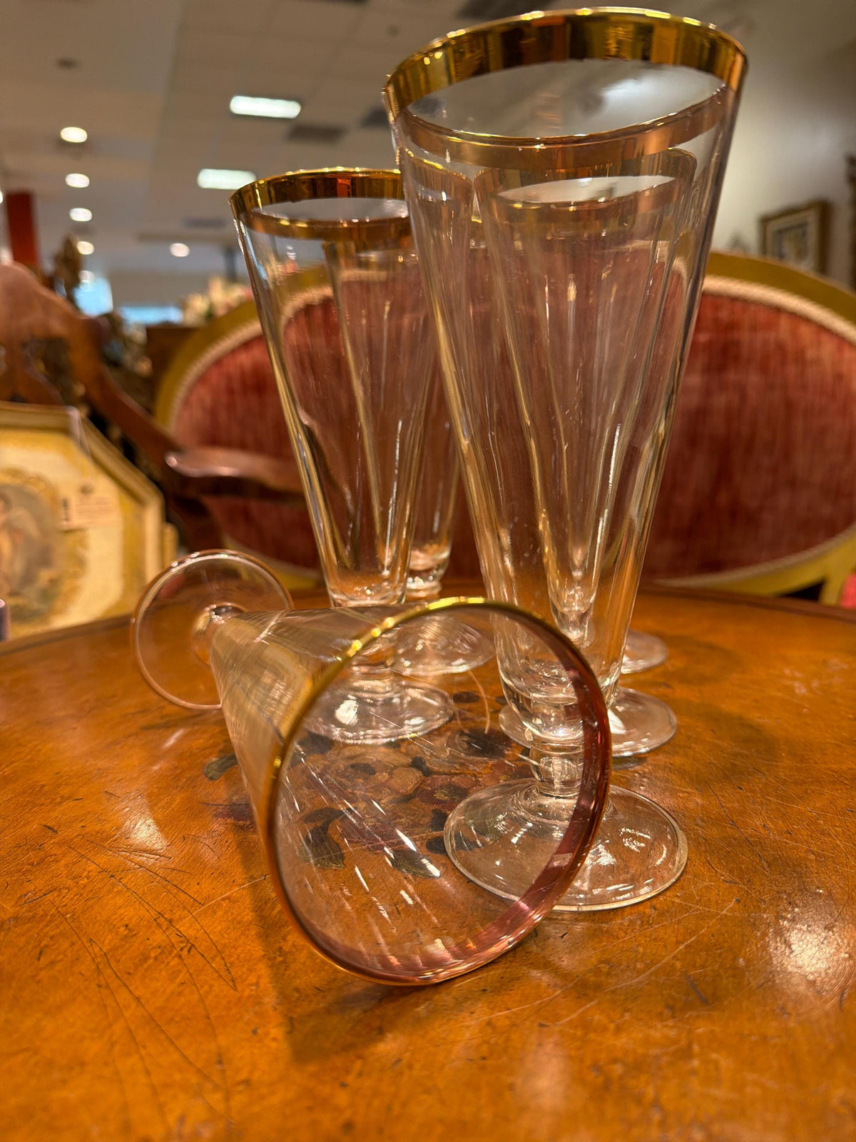 Vintage Gold Rim Champagne Flutes Set of 6 Clear Glass Tapered Mid Century Elegant Barware