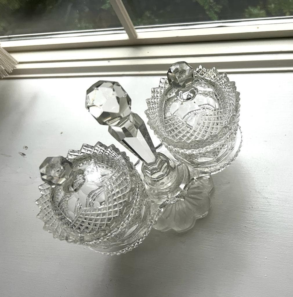 Vintage Crystal Condiment Server Cut Glass Dish Set Pedestal Footed Jam Jar Elegant Tableware Mid Century Kitchen Decor Entertaining Piece