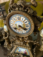 Antique French Sevres Style Clock Set Bronze Blue Porcelain Candelabra Mantel Decor Elegant Rococo Design Home Accent Collectible Piece