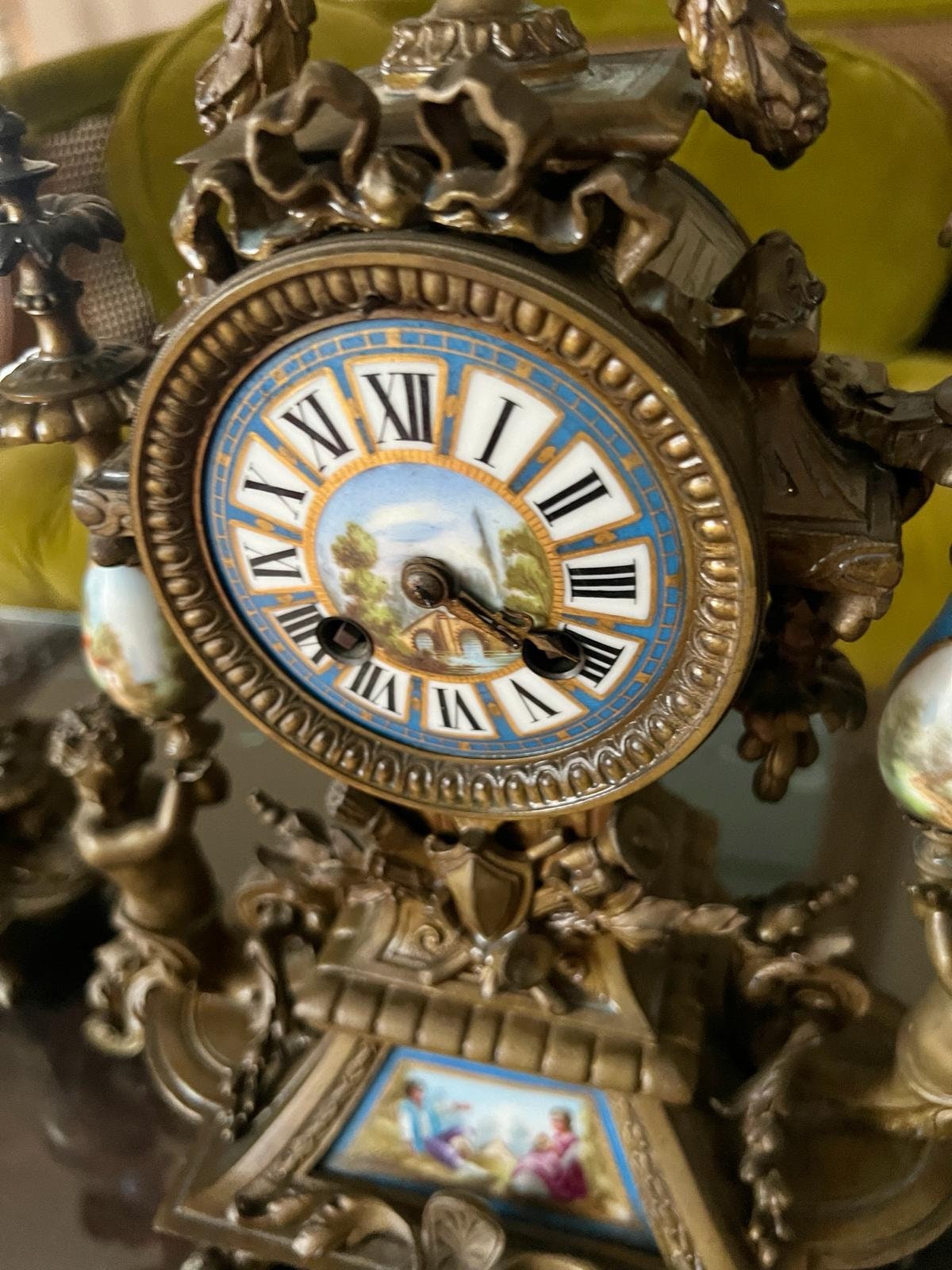 Antique French Sevres Style Clock Set Bronze Blue Porcelain Candelabra Mantel Decor Elegant Rococo Design Home Accent Collectible Piece
