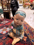 Antique Chinese Child Statue Holding Flower Asian Composition Figure Oriental Decorative Sculpture 16”