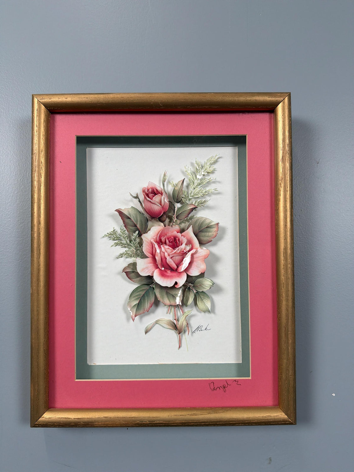 Vintage 3D Floral Decoupage Shadow Box, Dimensional Pink Roses Wall Art, Hollywood Regency Gold Frame, Cottage Romantic Decor
