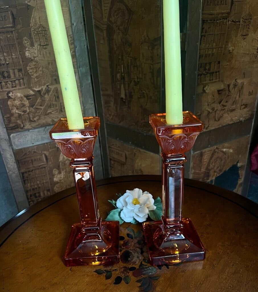 Pair of Vintage Orange Glass Candle Holders Art Deco Column Design Elegant Taper Stand Table Decor Retro Home Accents Collectible Gift Idea