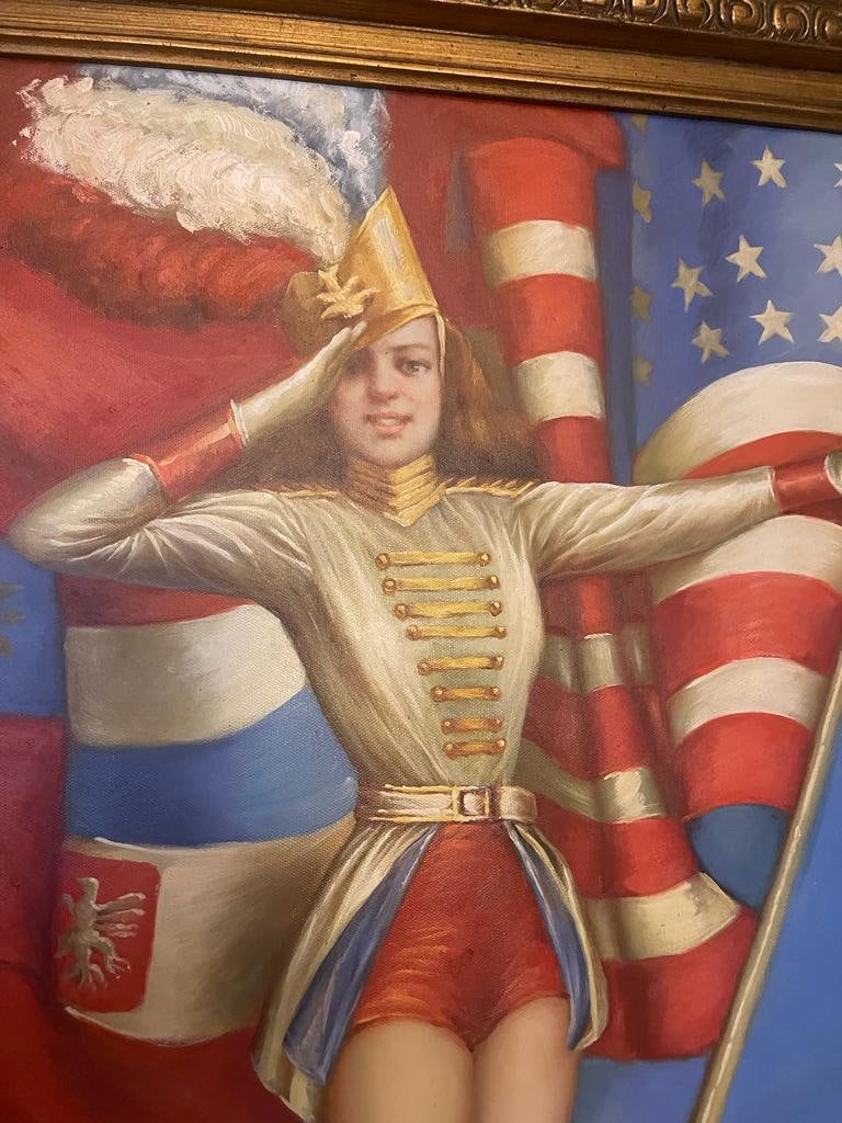 American Pin Up Girl Fourth of July Patriotic Drum Major Large Oil painting Ornate Wood Frame On Canvas American Flag Girl Painting Artwork