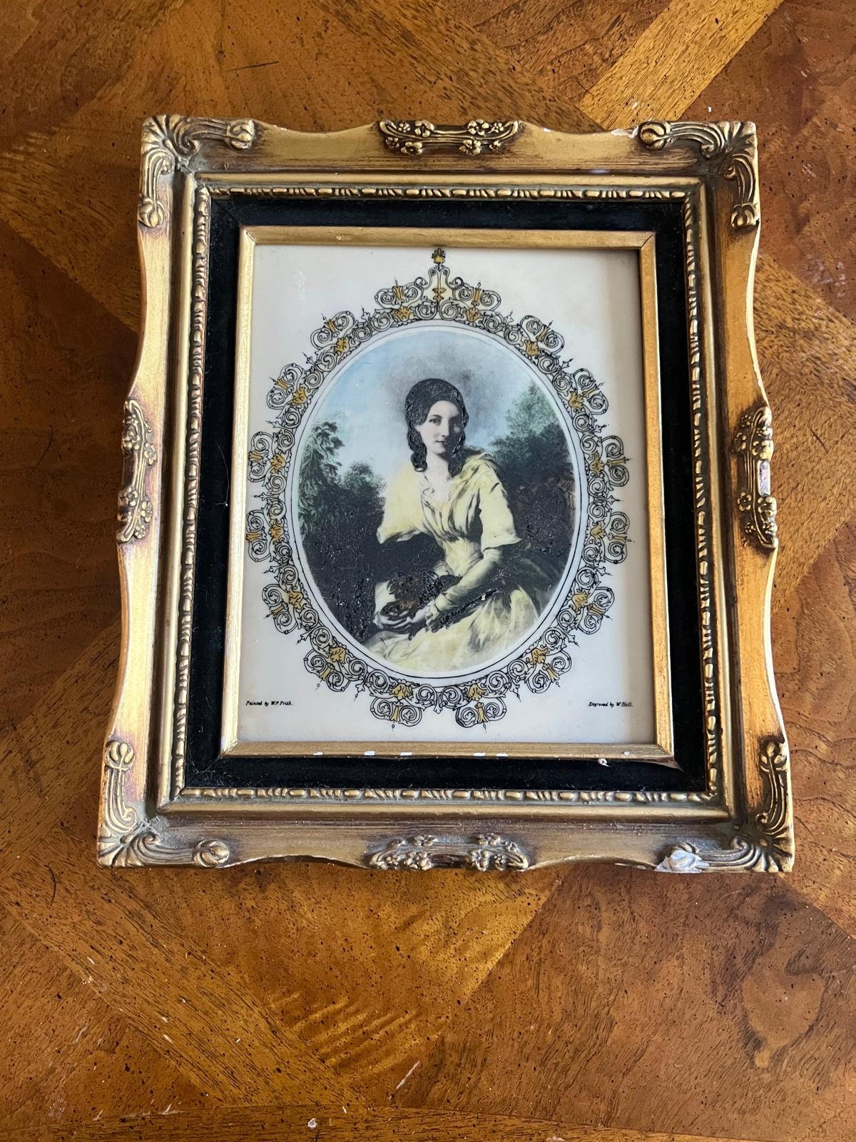 Victorian Style Ornate Framed Portrait Print Wall Art Featuring Woman Holding Flowers Antique Gold Frame Decorative Vintage Home Decor