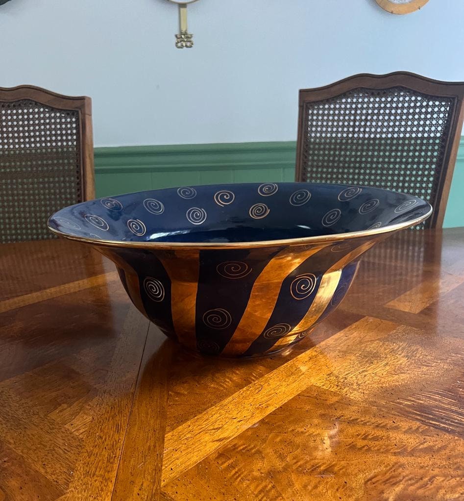 Vintage Laurie Gates Large Bowl 1996 Ceramic Art Blue Gold Spiral Striped Statement Decorative Piece Dining Table Centerpiece Unique Elegant