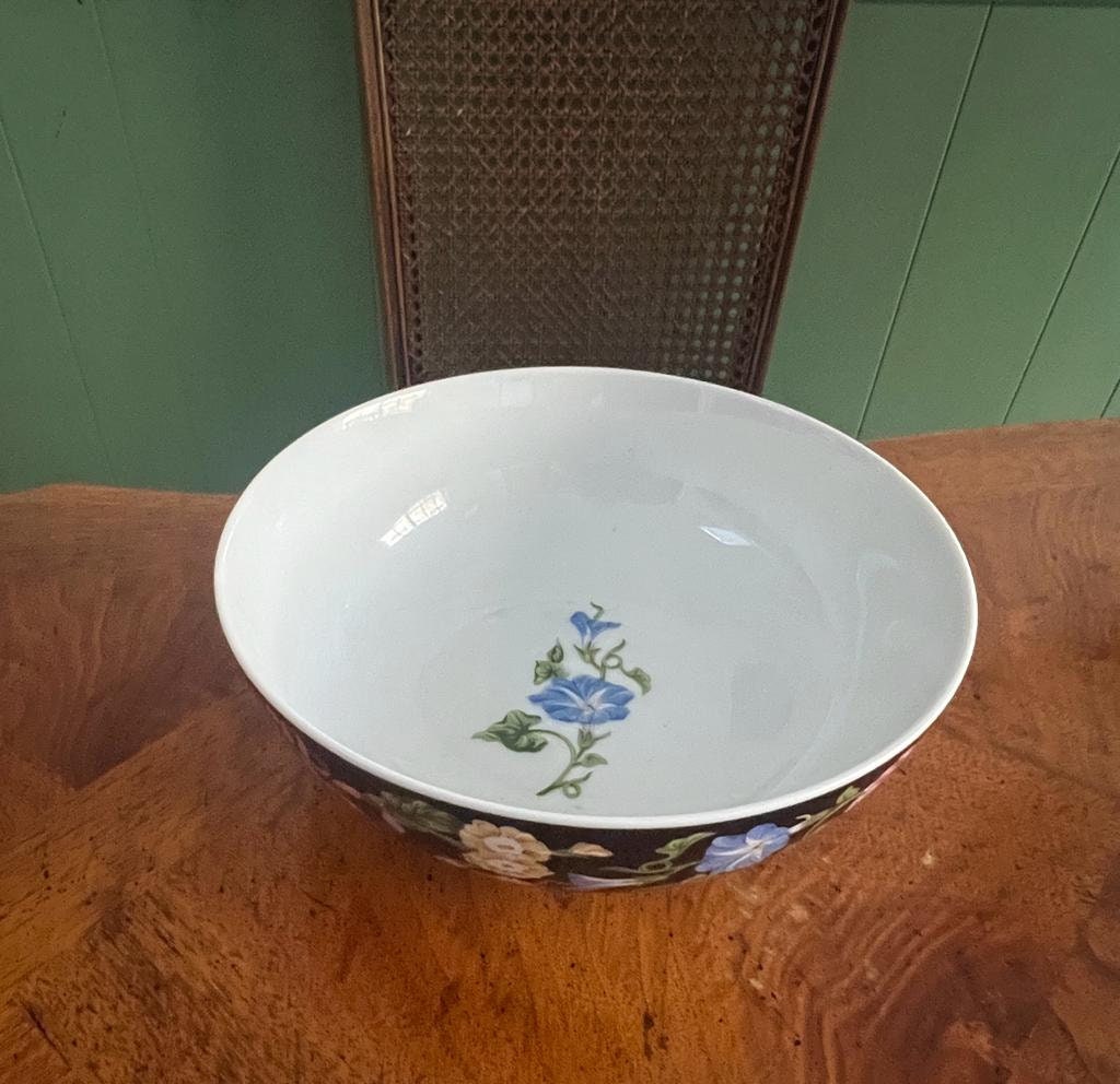Vintage Floral Porcelain Bowl Black Background Pink Roses Blue Flowers Gold Accents Hand Painted Decorative Centerpiece Dish Collectible