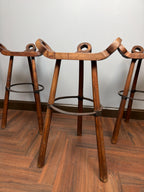 Antique Wood Iron Bar Stools, Set of 4, Rustic Farmhouse Saddle Stools