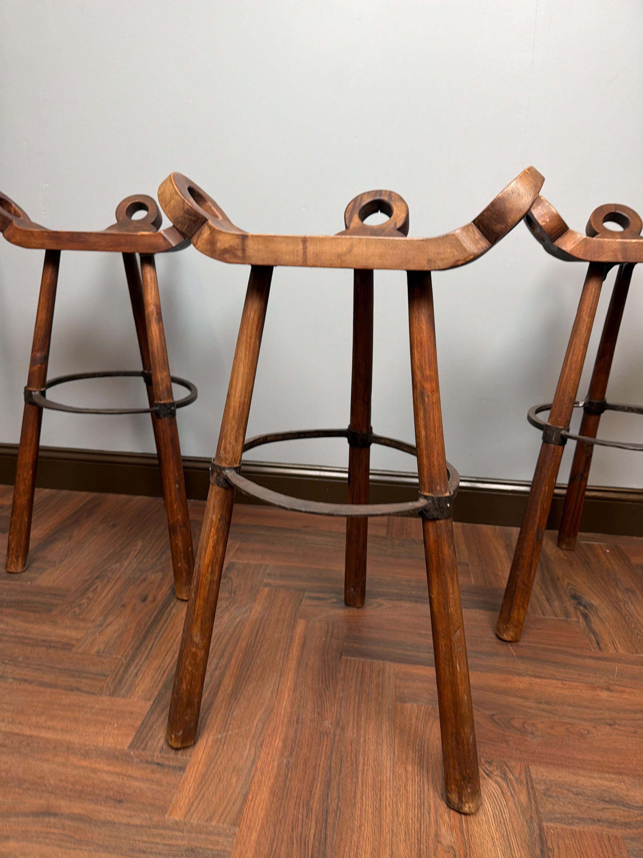 Antique Wood Iron Bar Stools, Set of 4, Rustic Farmhouse Saddle Stools
