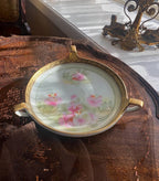 R S Germany Stamped Antique Hand Painted Radish Dish Pink Floral Plate Gold Rim Open Handles Vintage Porcelain French Style Collectible