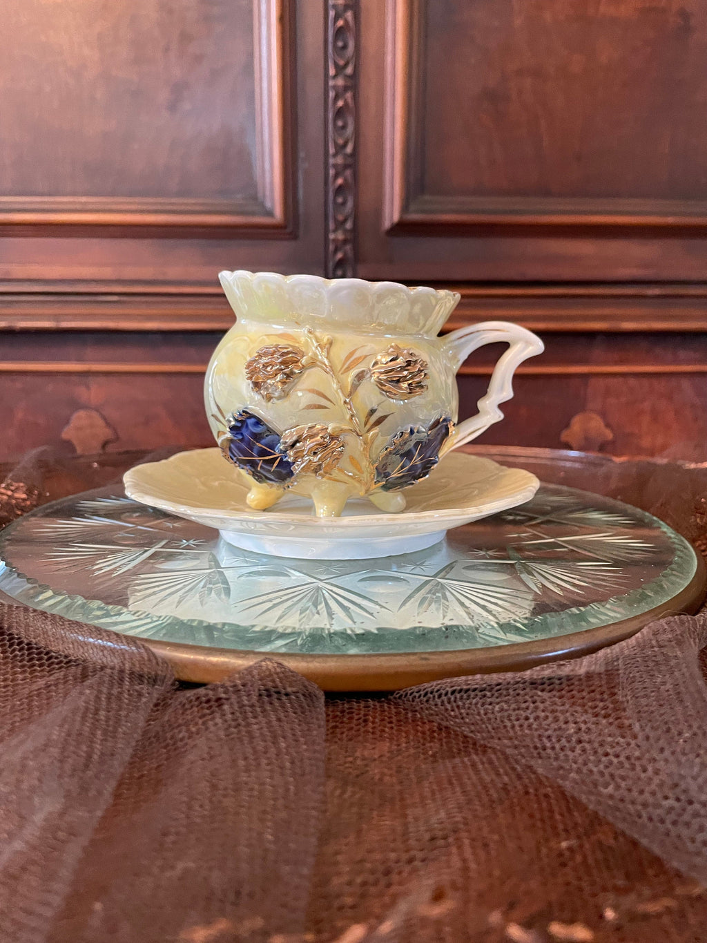 Antique Porcelain Floral Design Yellow Gold & Blue Teacup Saucer.