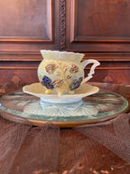 Antique Porcelain Floral Design Yellow Gold & Blue Teacup Saucer.