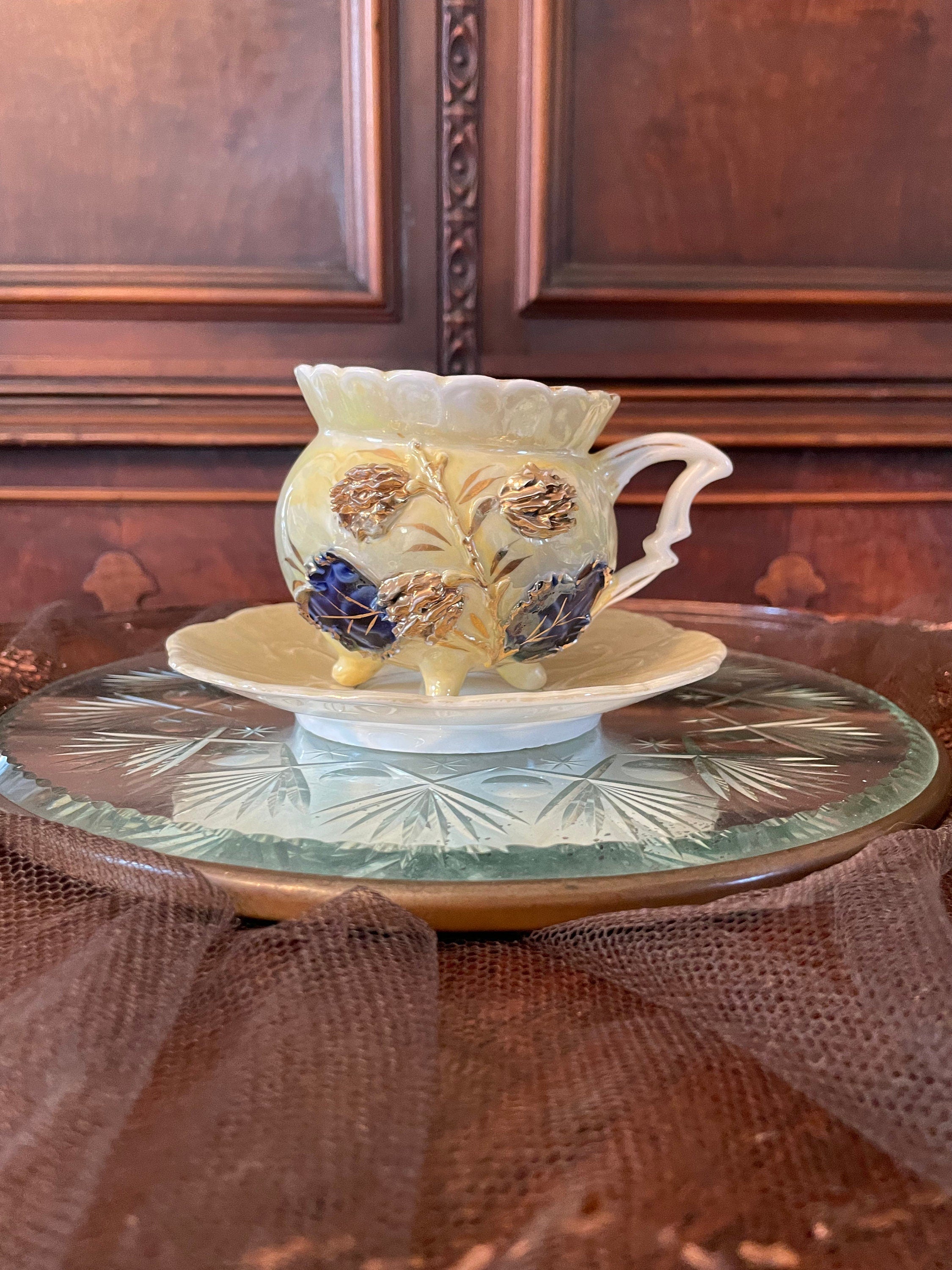 Antique Porcelain Floral Design Yellow Gold & Blue Teacup Saucer.