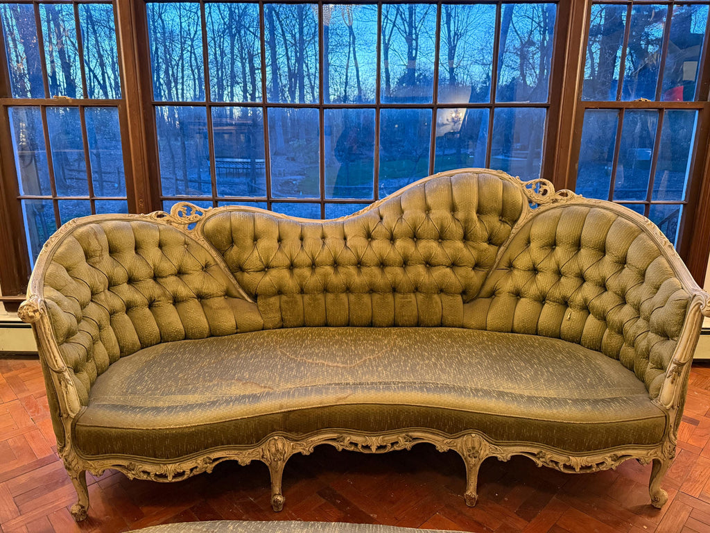 Antique French Louis XV Style Tufted Canapé  Antique French Sofa Ornate Carved Frame Reupholstery Louis XV Style Circa 1900s Luxurious Sofa