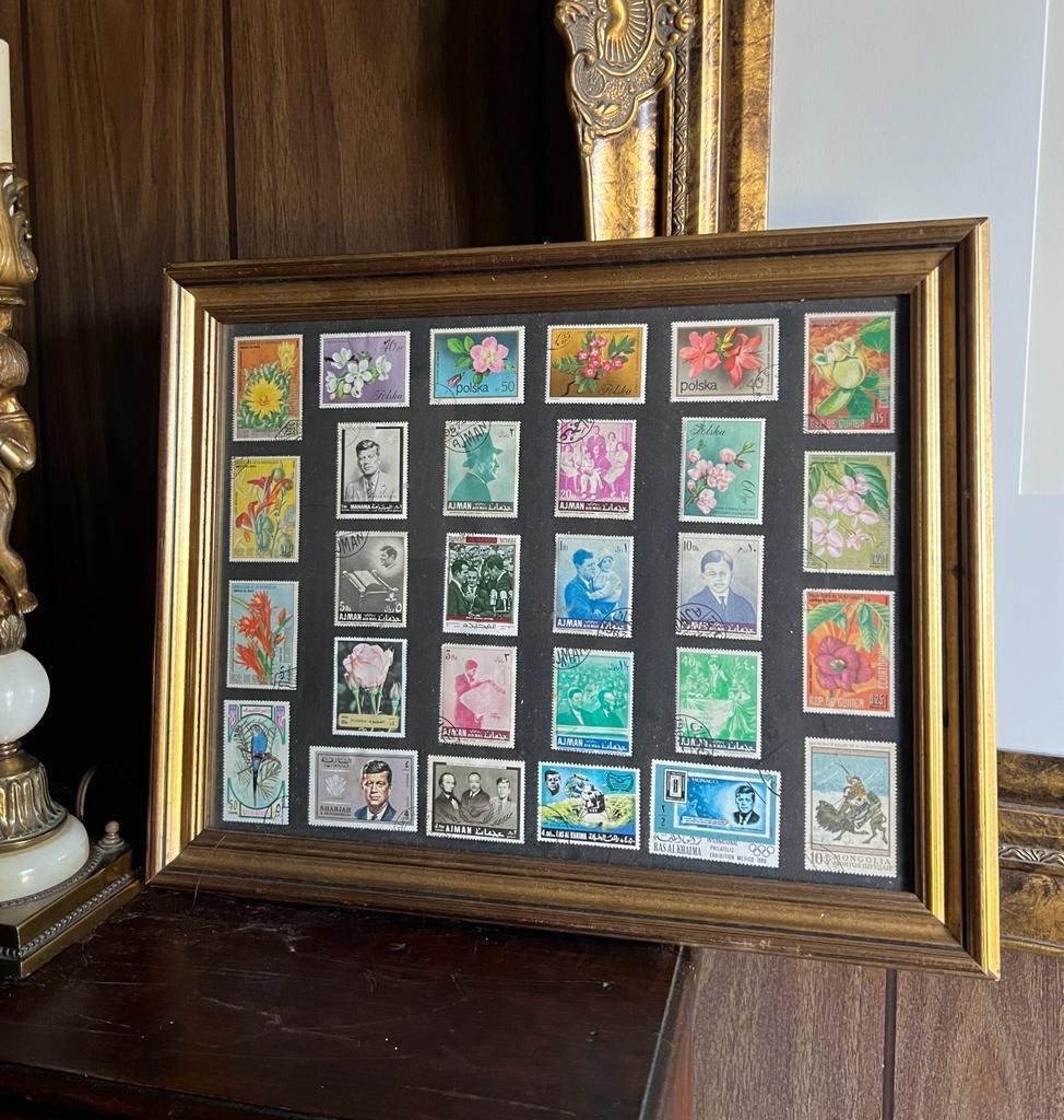 Framed Vintage International Postage Stamp Collection Floral Portraits Political Leaders Mid Century Wall Decor Gift Idea Collectible Art