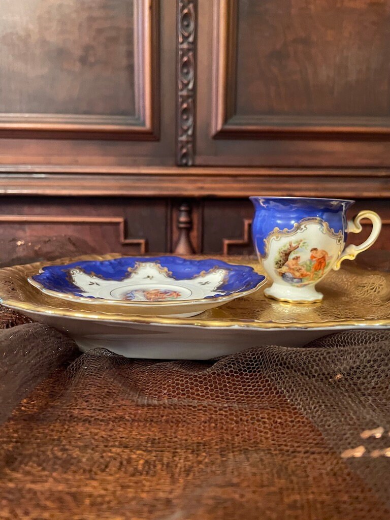 Antique Hand Painting Cobalt Blue Collectible  Porcelain  Coffee Cup & Saucer