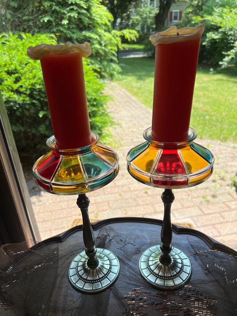 Vintage Stained Glass Candle Holders Multicolor Panels Tall Art Deco Metal Stems Elegant Retro Home Decoration Boho Eclectic Accent Pair