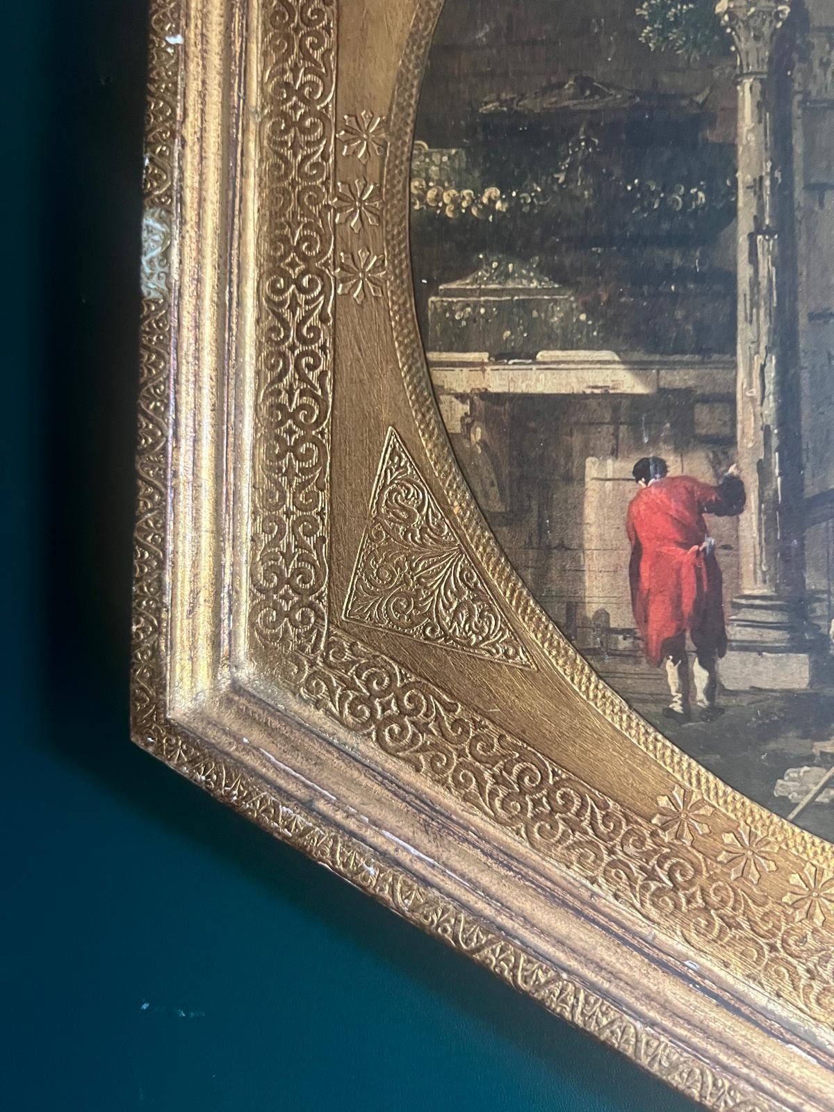 Vintage Italian Florentia Canaletto Style Hexagon Wall Art Ornate Gilt Frame Roman Ruins Scene Classical Landscape Architecture Art