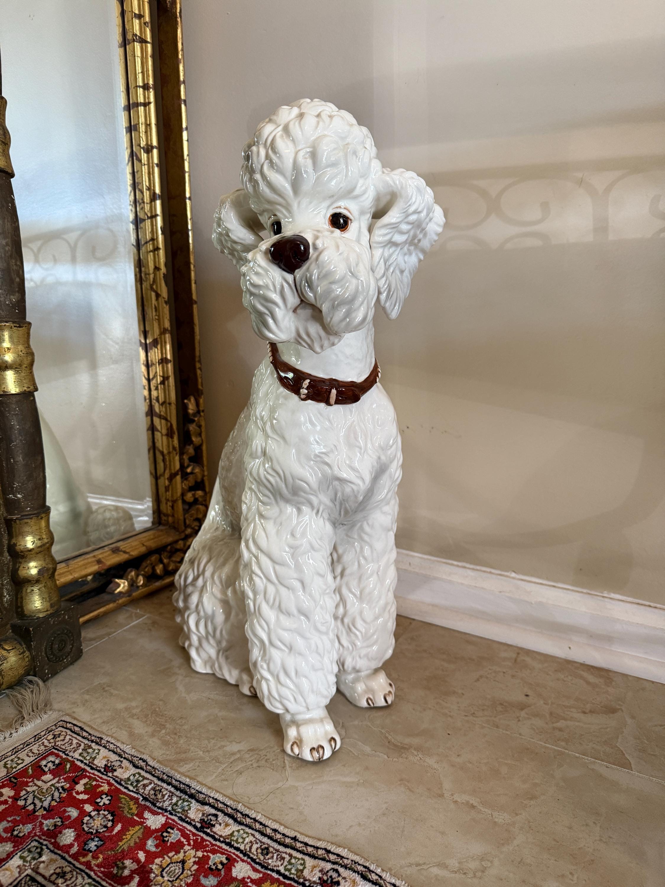 Vintage White Dog Statue Mid Century Hand Painted Ceramic J Schwart Signed Porcelain Poodle Dog Ceramic Statue with Brown Collar DFigurine