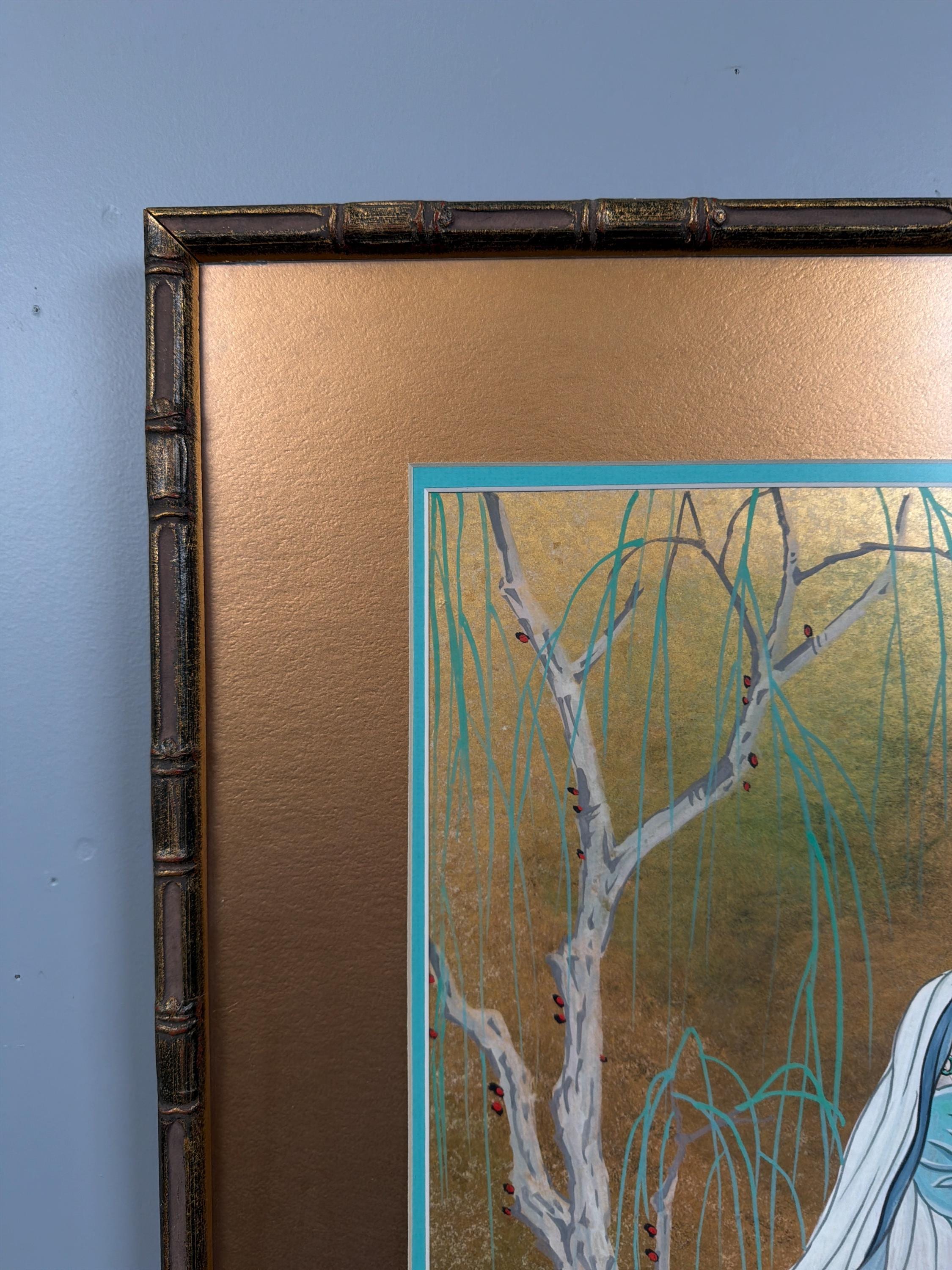 Vintage Asian Inspired Gold Leaf Painting Woman Willow Tree Framed Wall Art Oriental Decor Bamboo