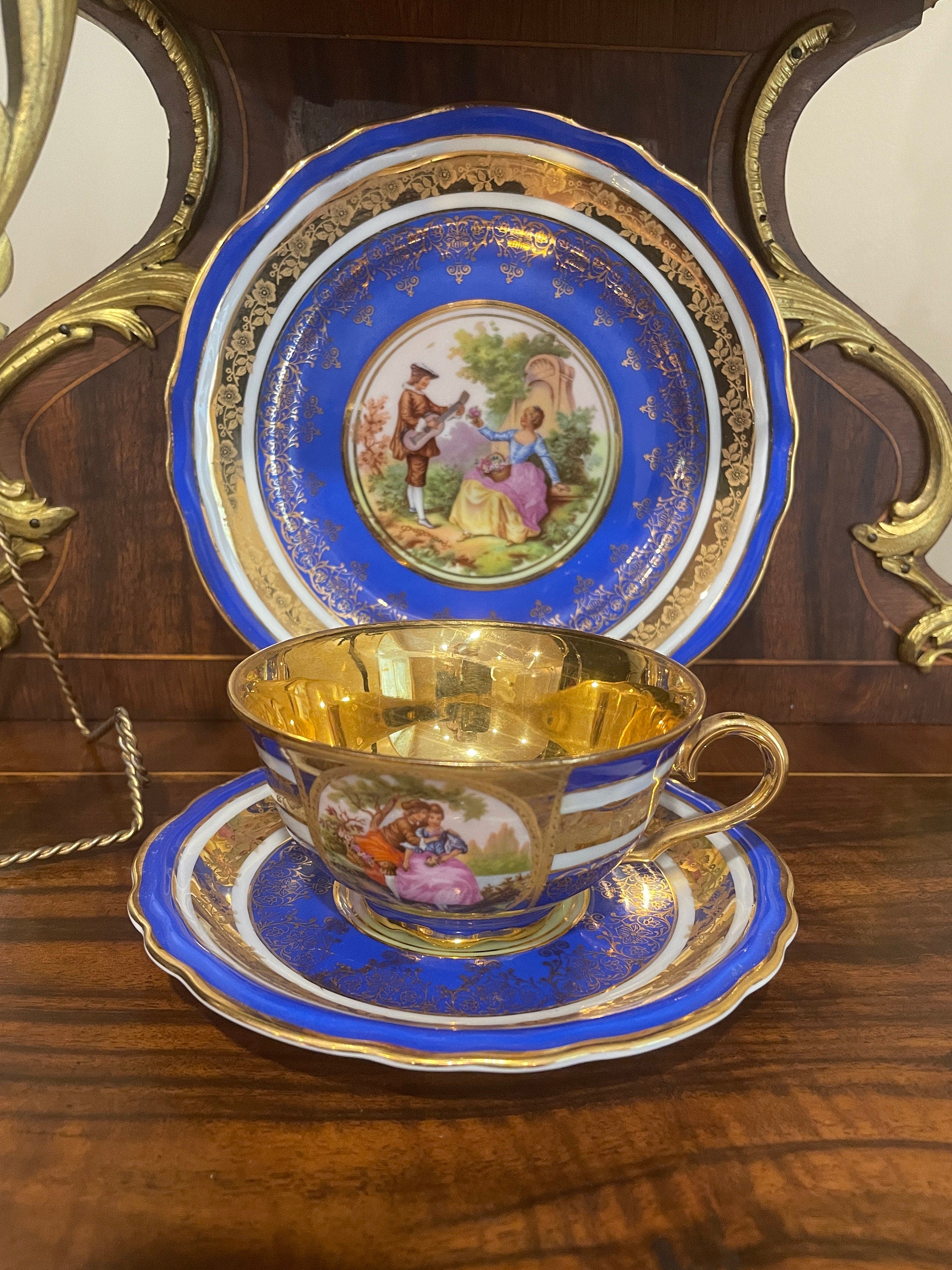 Vintage Set of 3 Blue & Gold Trim Froganard Design Collectible Cup Saucer Plate