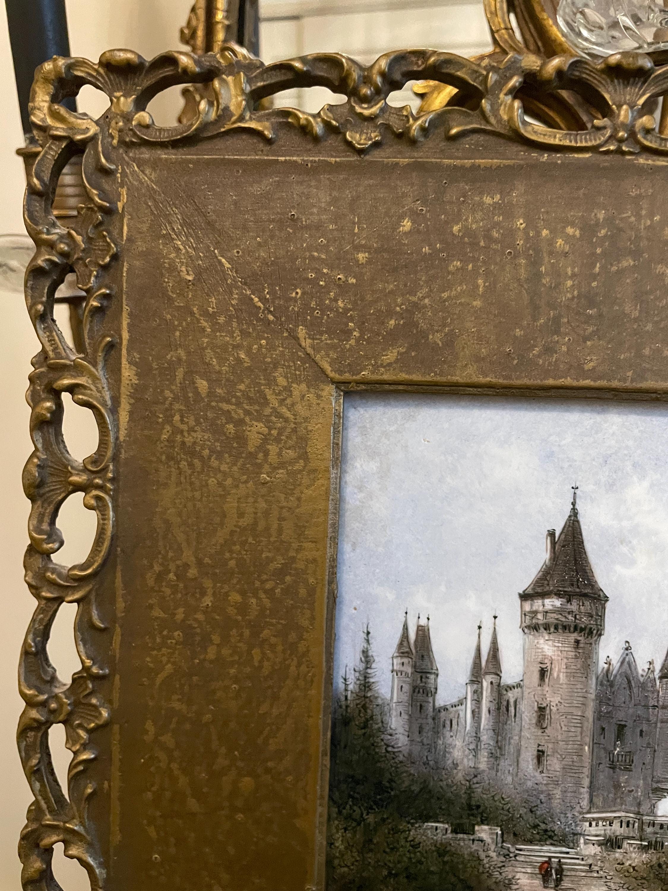 Vintage Hand-Painted Castle Scene Ornate Gold Gilded Frame Romantic Artwork Signed Collectible Architectural Landscape Wall Decor