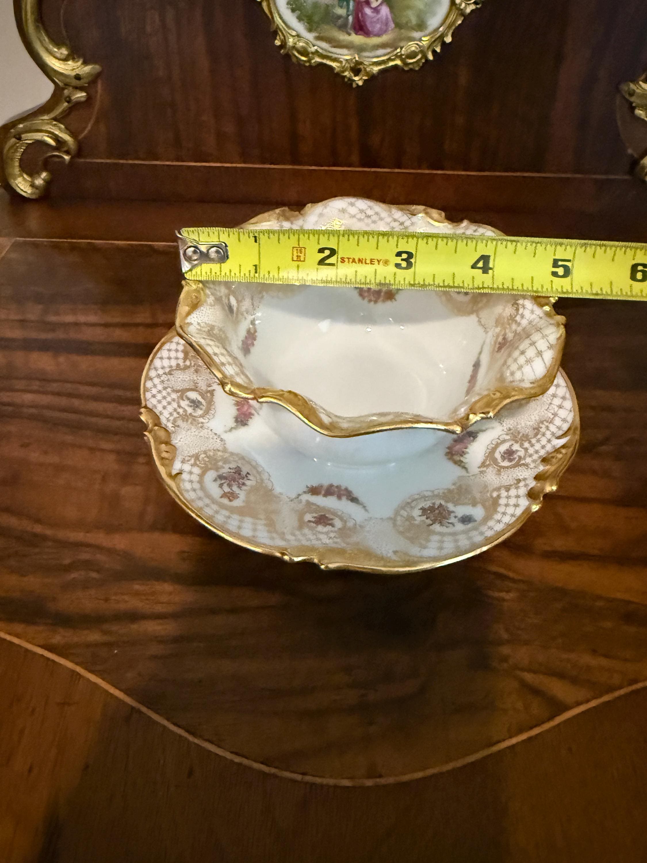 Antique French Limoges Porcelain Bowl Attached Underplate One-Piece Bowl Saucer Hand Painted Roses & Gold Gilt Serving Dish fixed Under-tray
