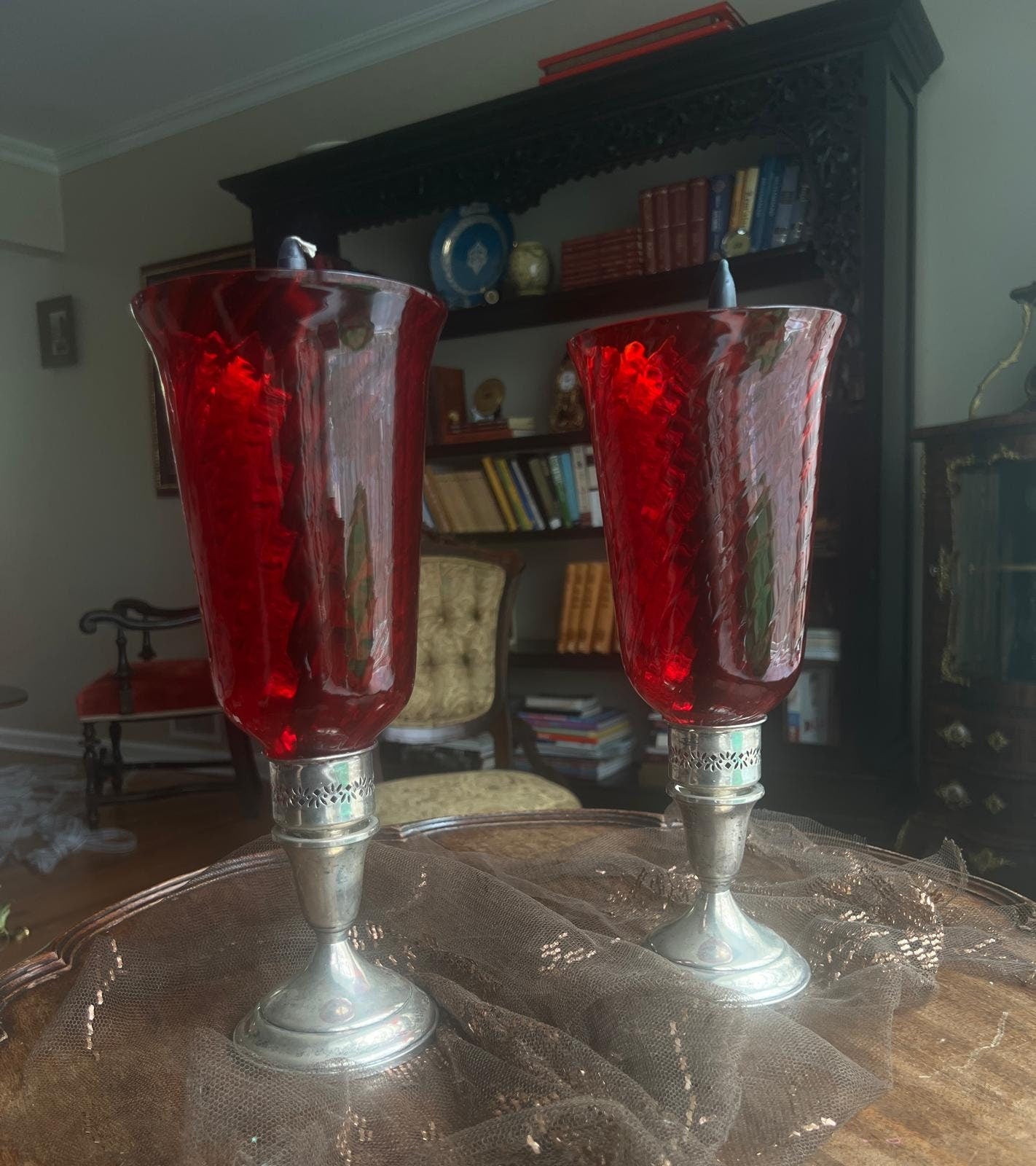 Vintage Ruby Red Glass Hurricane Candle Holders Silver Base Art Deco Home Decor Retro Lighting Hollywood Regency Table Centerpiece Decor