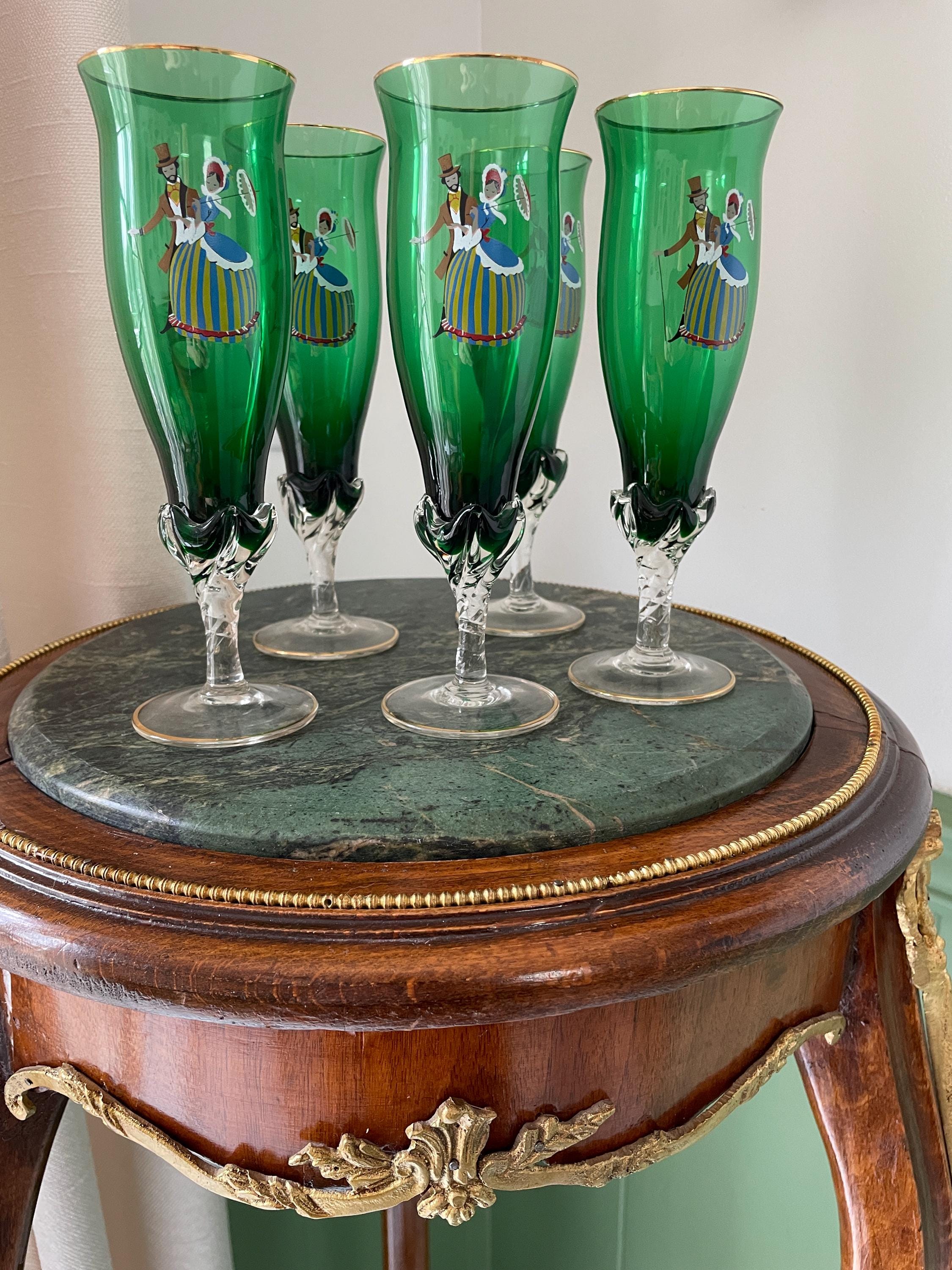 Vintage Green Glass Set Handpainted Figures Colorful Tumblers Elegant Barware Collectible Retro Goblets Unique Gift Antique Decoration Charm