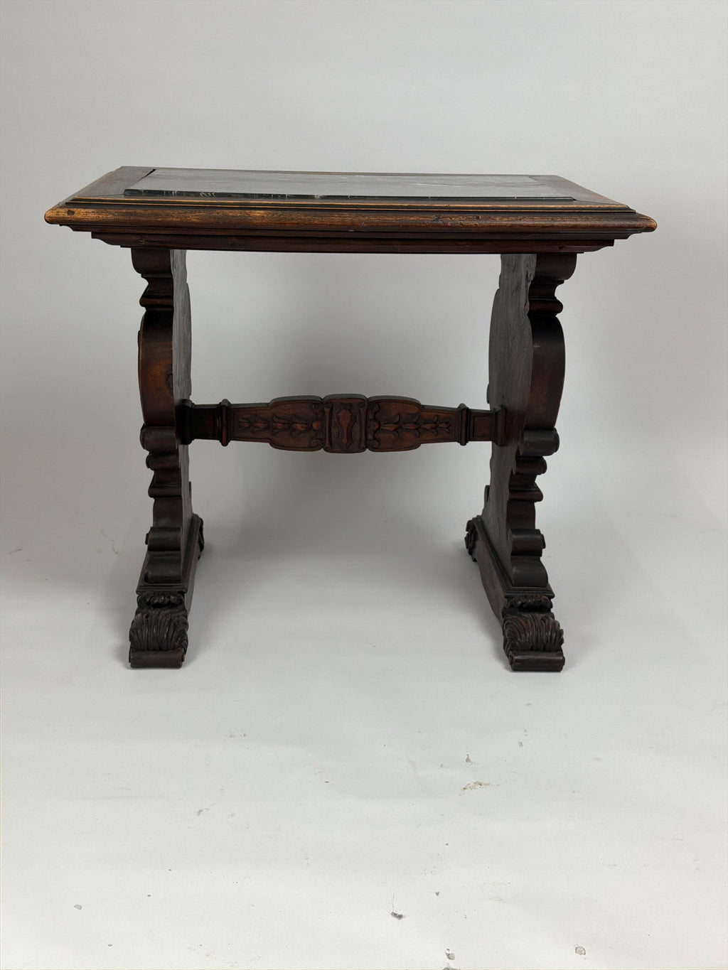 Antique Carved Wood Pedestal Table, Black Marble Top, Victorian Accent Piece