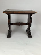 Antique Carved Wood Pedestal Table, Black Marble Top, Victorian Accent Piece