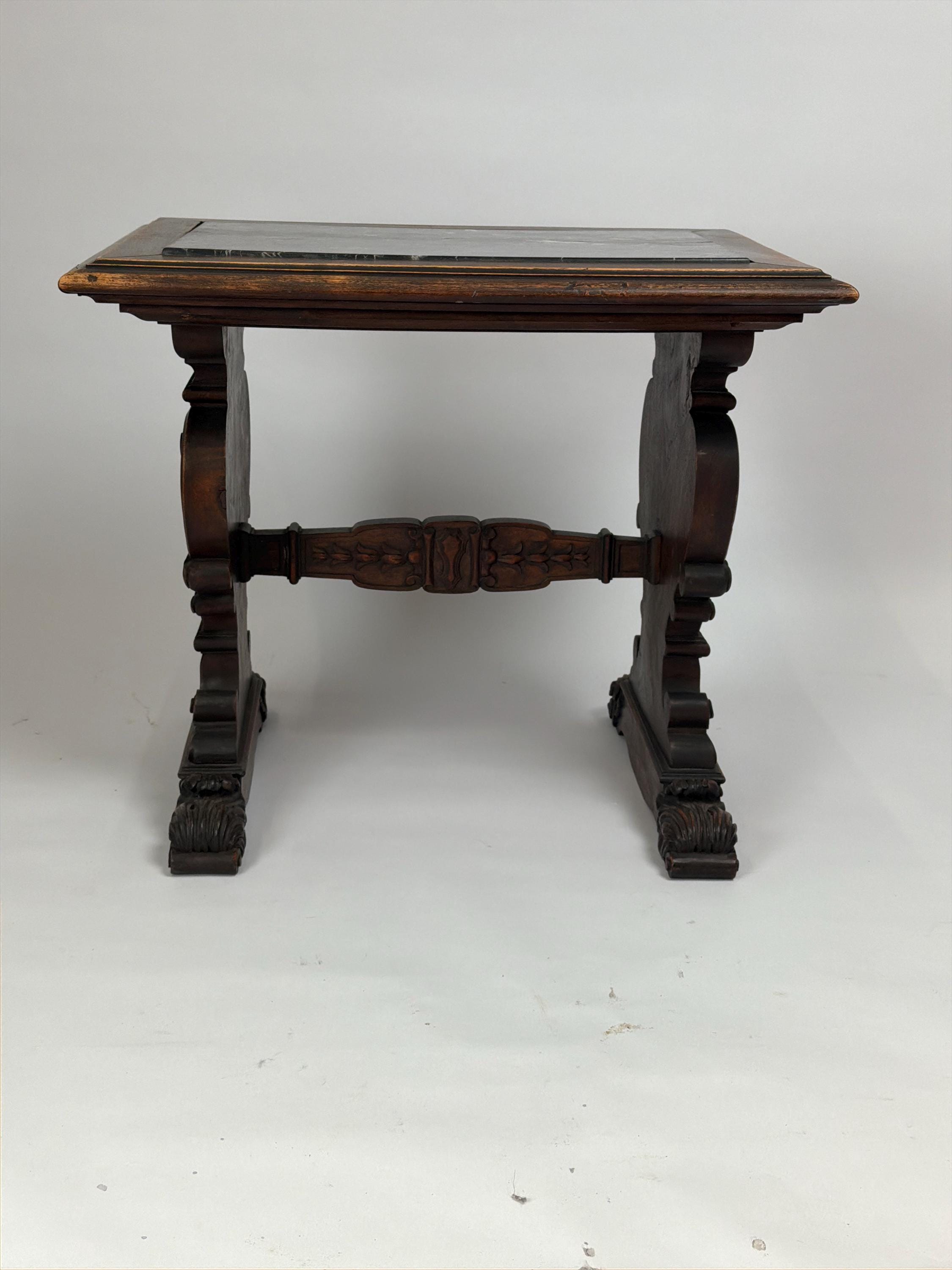Antique Carved Wood Pedestal Table, Black Marble Top, Victorian Accent Piece