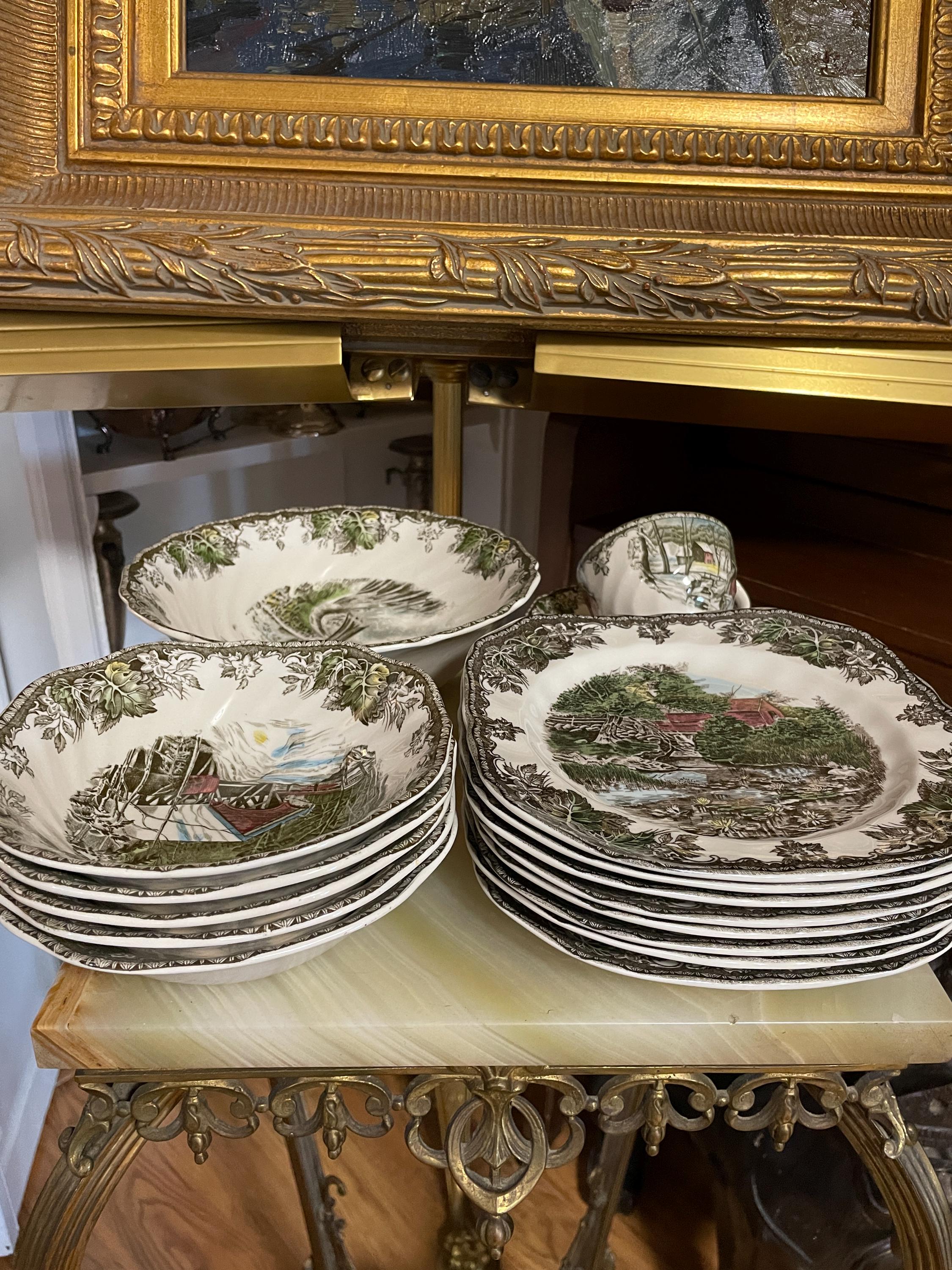 Vintage Johnson Bros Friendly Village China Set Winter Scene Transferware Holiday Tea Plates Bowls Cups Display Gift Cottage Kitchen