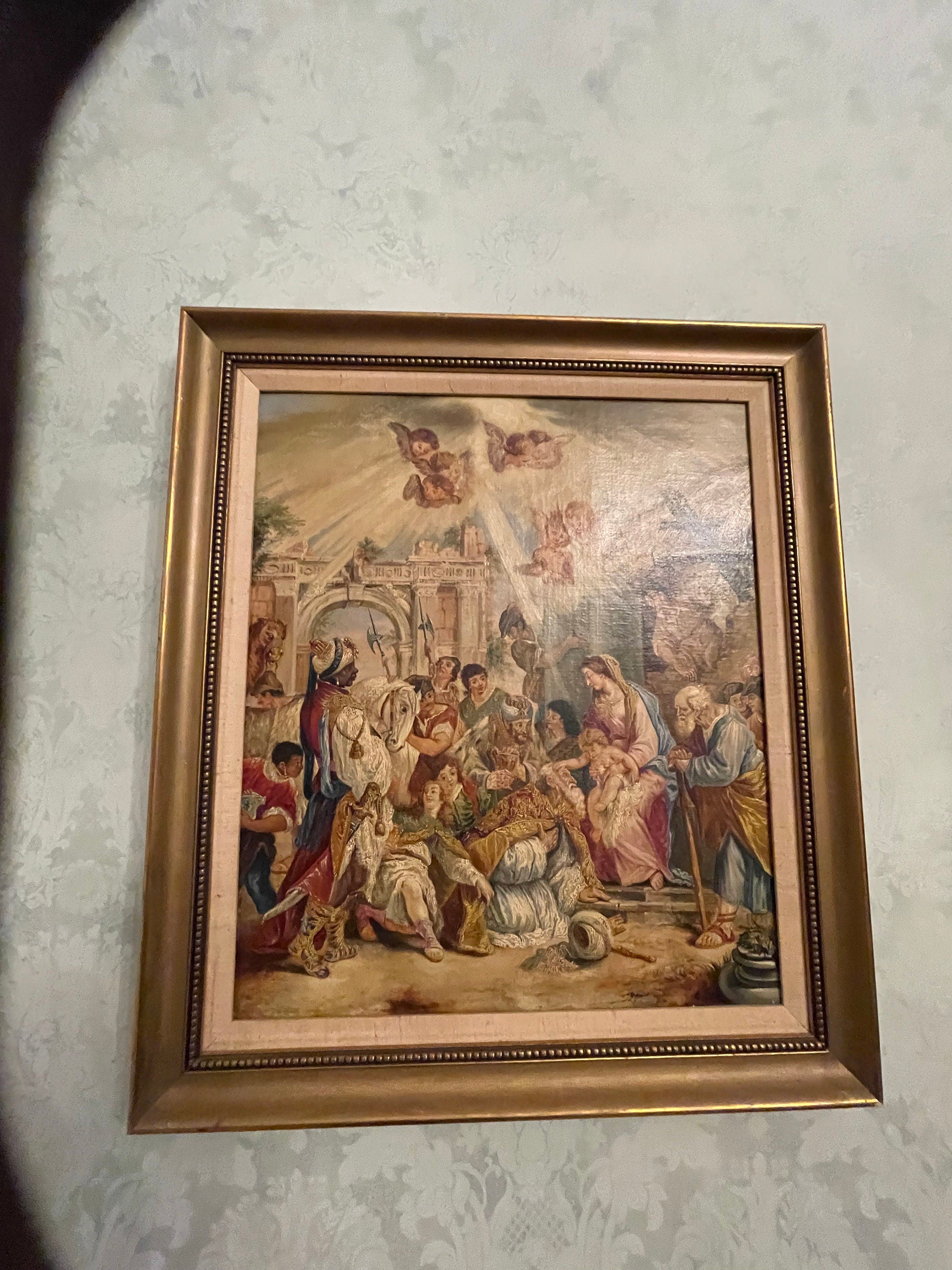 The Virgin Mary & Jesus Between Kings Old Print Picture Frame