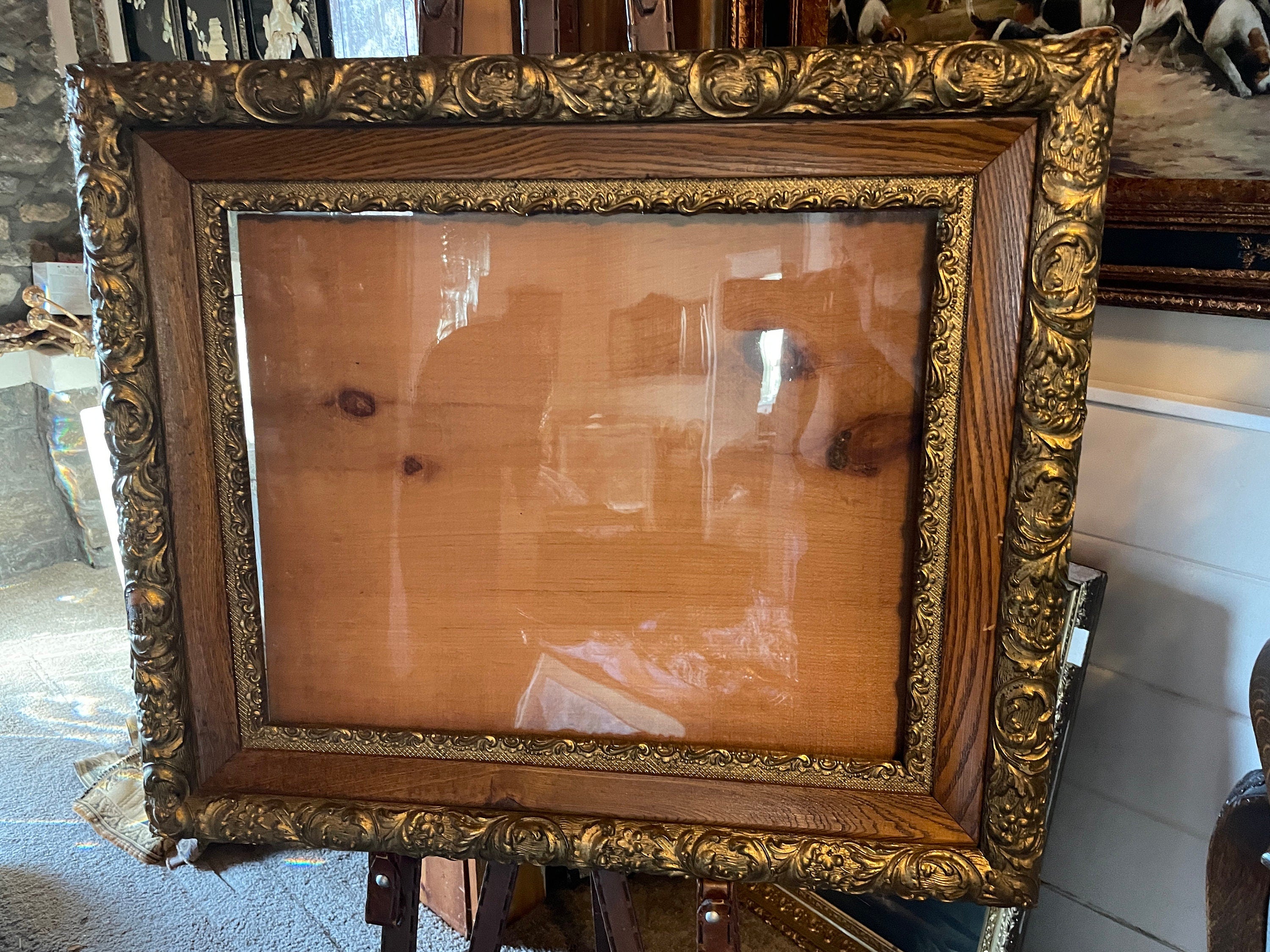 Vintage Ornate Empty Wood Frame with Glass Wood and Gilt Picture Frame Glass Front Decorative Wall Frame Artwork Included Wall Decoration