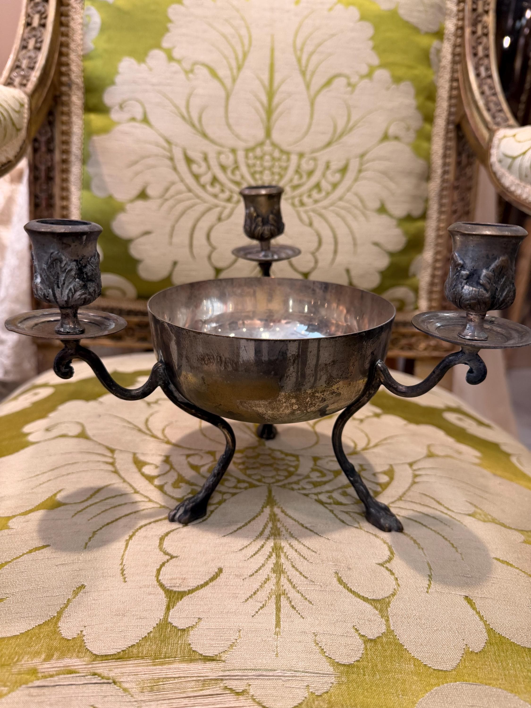 Antique Silver Plate Three Arm Candelabra Centerpiece Bowl with Paw Feet