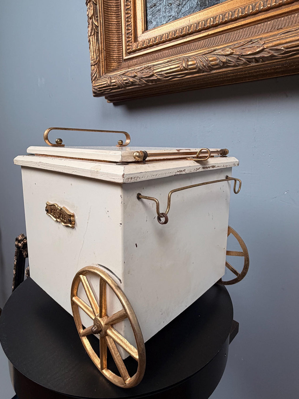 Vintage Ice Cycle Tricycle Ice Bucket Wine Cooler Bar Cart Brass & White Wood Barware