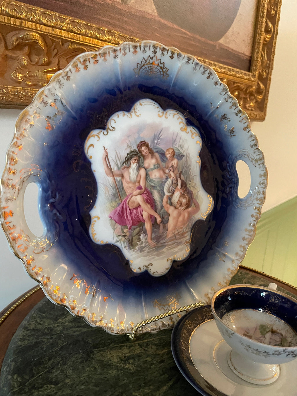 Antique Cobalt Blue Porcelain Tray Tea Cup Saucer Set Mythological Figures Hand Painted Gold Details Rococo Design European Collectible Art