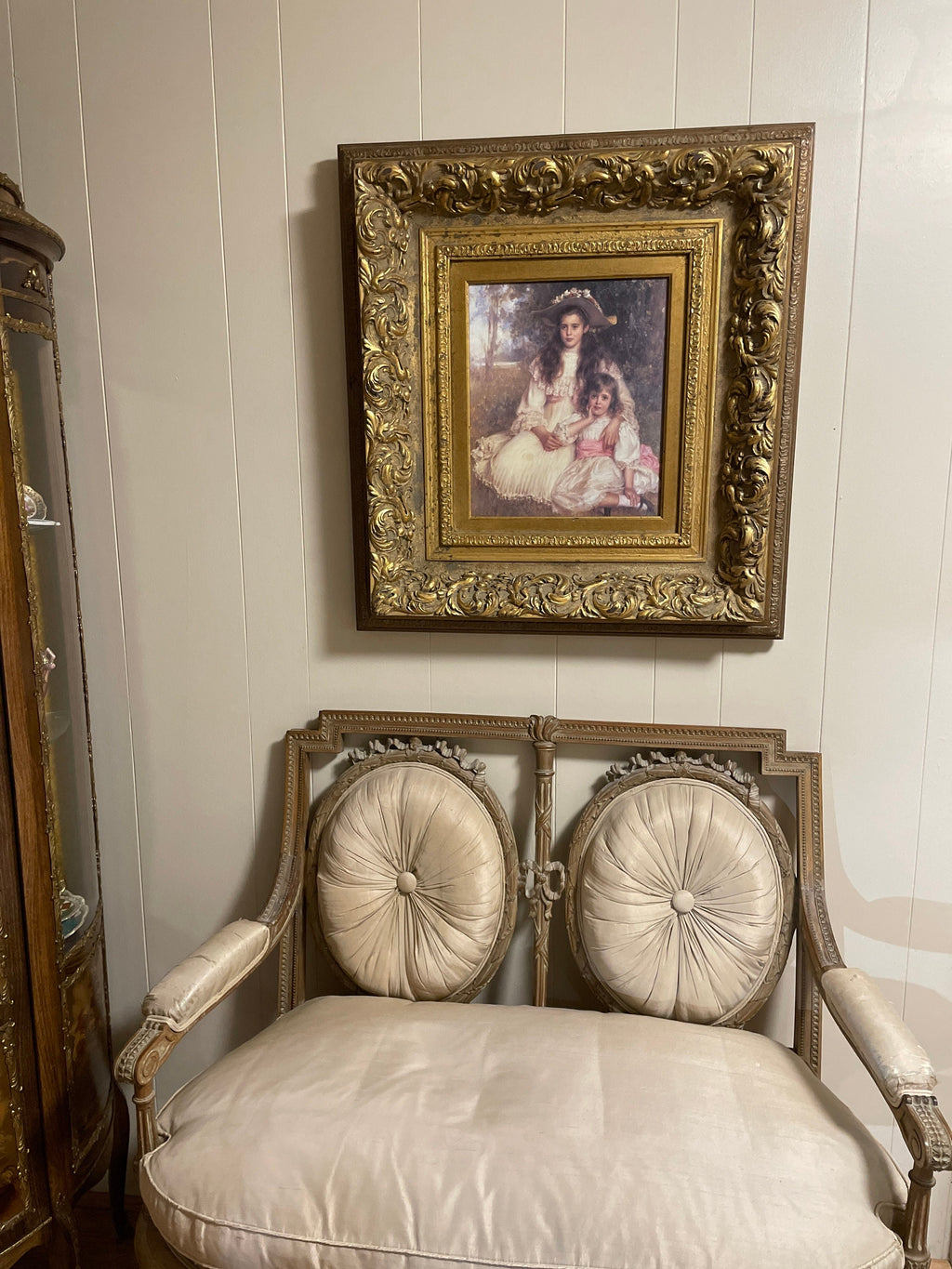 Large Victorian Gilt Frame Oil Painting of Two Girls Antique Style Rococo Wall Art Romantic Portrait Ornate Gold Decoration Statement Piece