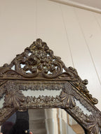 Antique French Bronze Rococo Mirror, Ornate Floral Crest, Beveled Glass