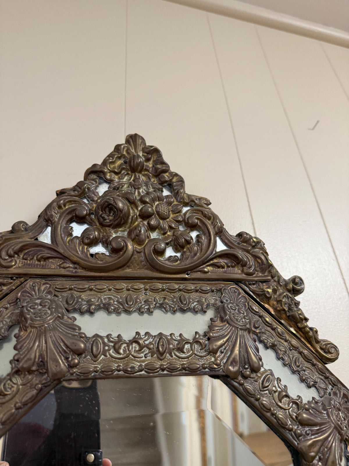 Antique French Bronze Rococo Mirror, Ornate Floral Crest, Beveled Glass