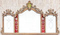 Antique Trifold Mirror: Gilt Carved Frame, Etched Glass, Red Panels