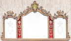 Antique Trifold Mirror: Gilt Carved Frame, Etched Glass, Red Panels