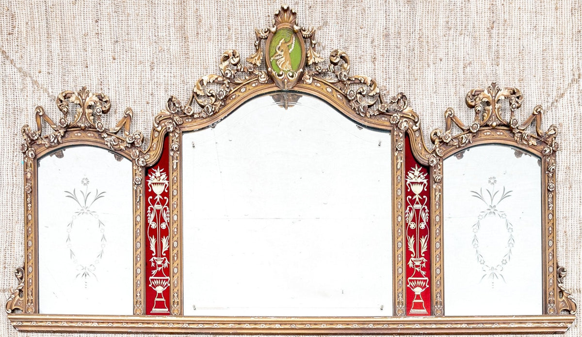 Antique Trifold Mirror: Gilt Carved Frame, Etched Glass, Red Panels