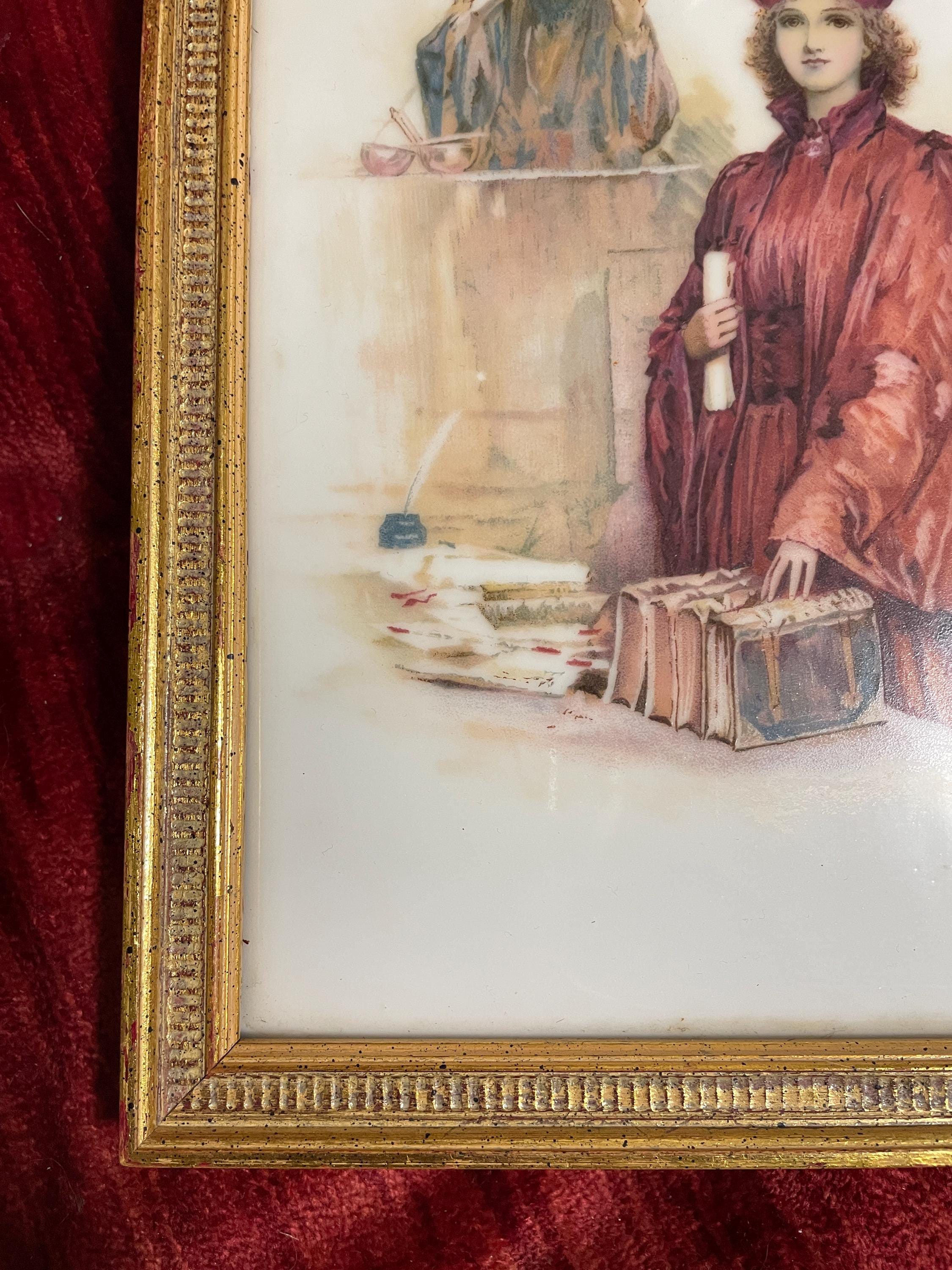 Vintage Graduation Themed Painting on Tile Art Framed Portrait of Graduate in Academic  Classic Gold Frame Decor  Christmas Gift Elegant