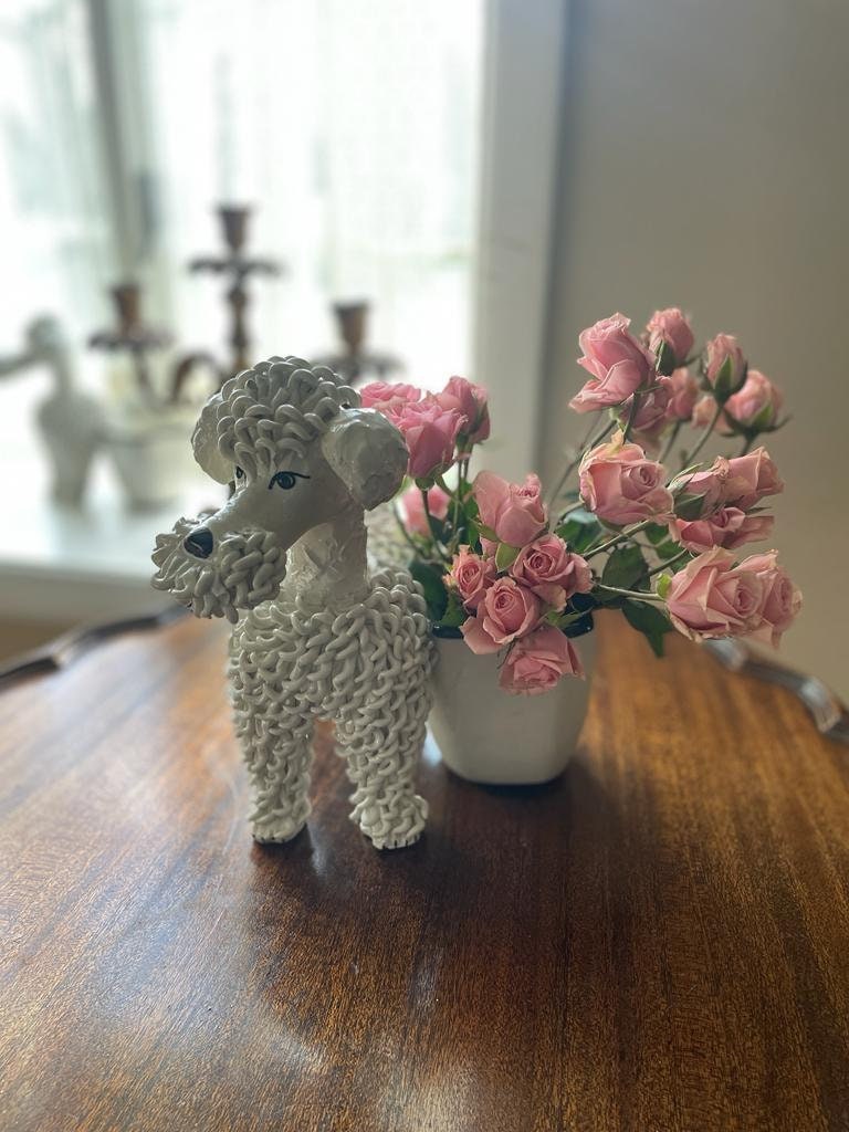 Vintage White Poodle Dog Planter Ceramic Mid Century Modern Animal Pot Whimsical Home Decoration French Poodle Flower Vase Unique Gift Idea