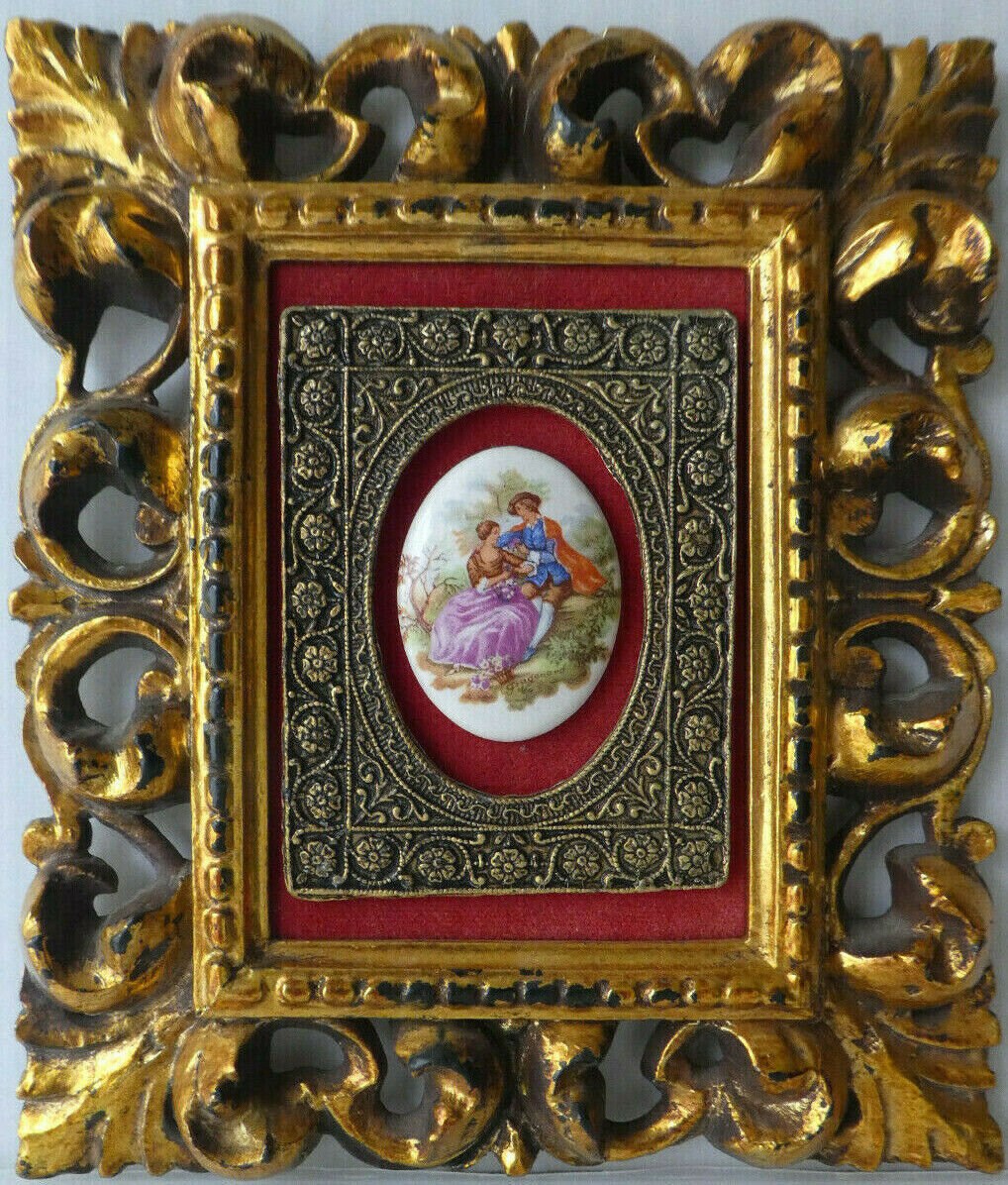 Wall Art 1950s Baroque Fragonard Courting Couple Porcelain Cameo Art Plaque Rococo Style Gold Ornate Frame Romantic Vintage Decoration
